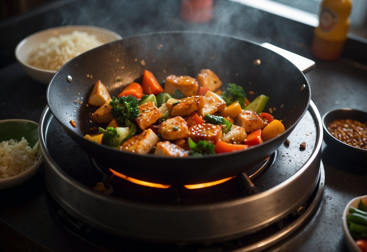 A wok sizzles as spicy fish pieces are tossed with vibrant vegetables and aromatic spices in a Chinese kitchen