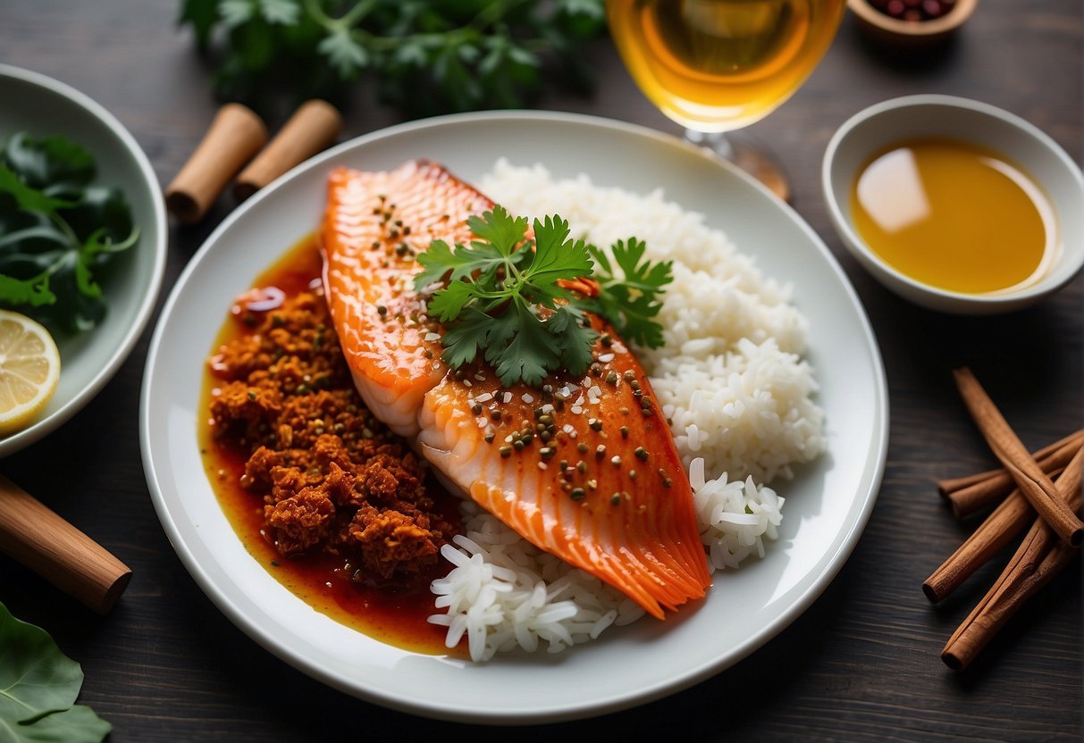 A platter of spicy fish, surrounded by traditional Chinese spices and herbs. A side of steamed rice and a glass of white wine complement the dish