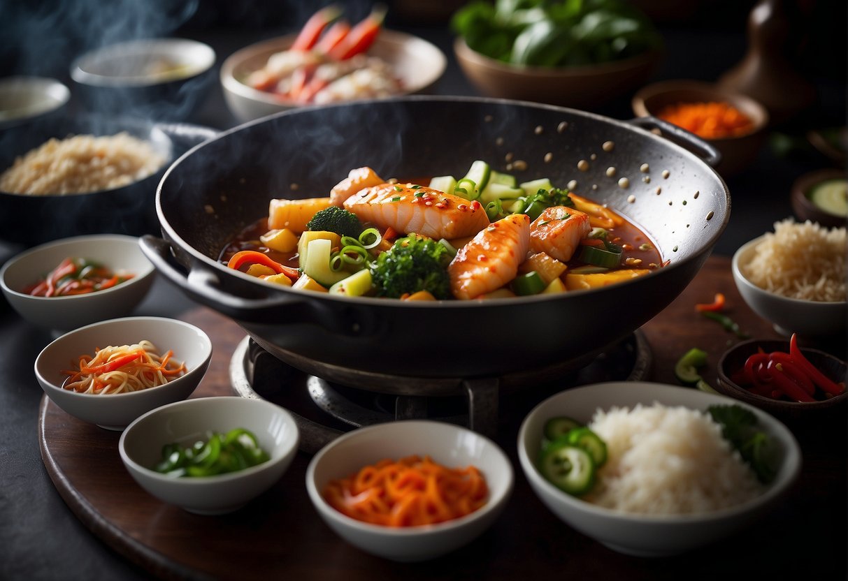 A sizzling wok with spicy fish, surrounded by traditional Chinese ingredients and cooking utensils