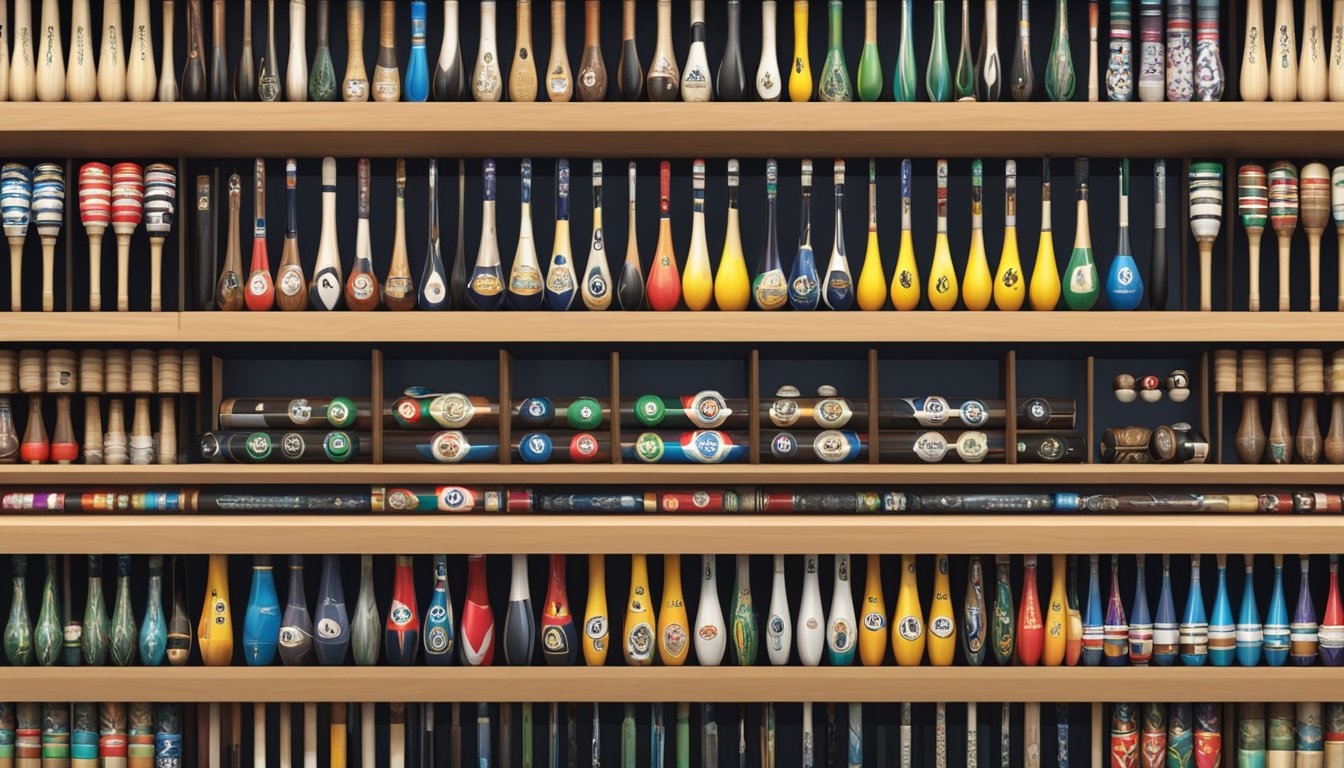 A display of top pool cue brands arranged on shelves with price tags