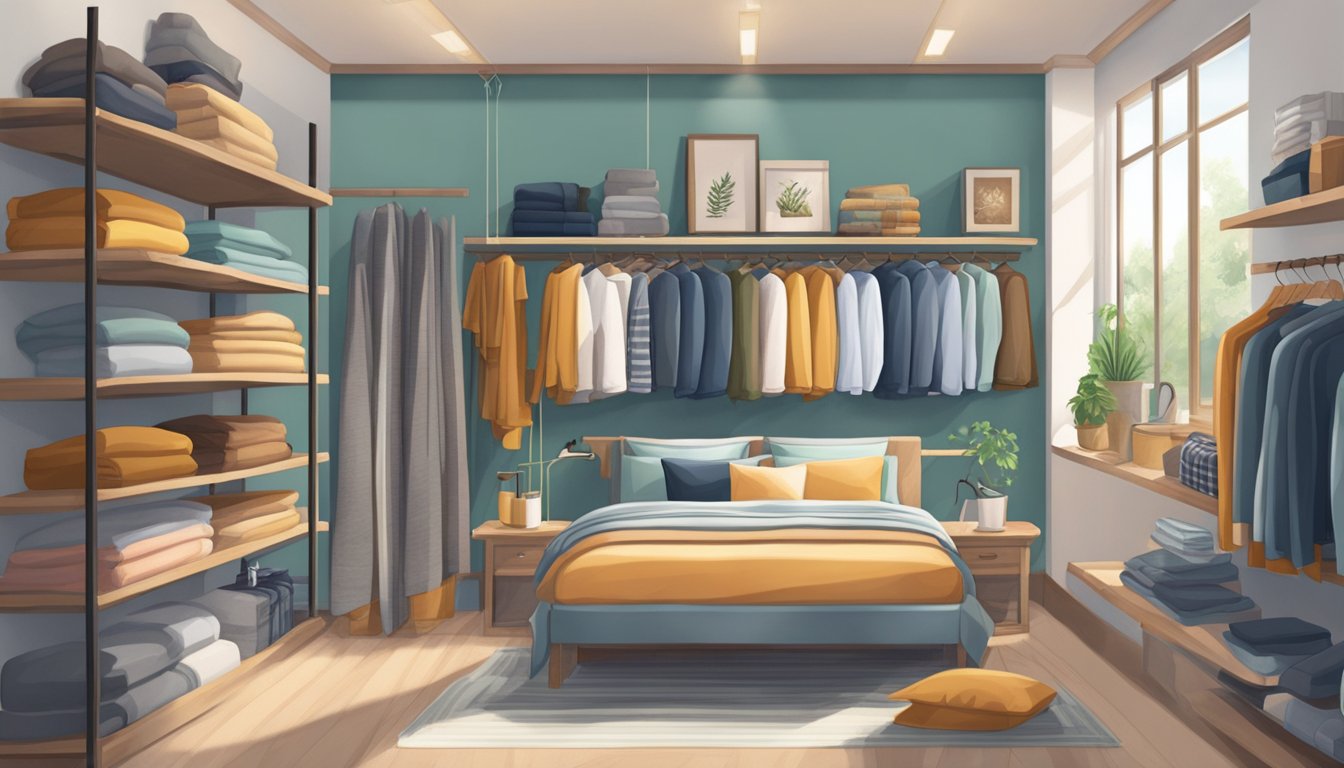 A cozy bedroom with shelves of mens pyjamas in a Singaporean store