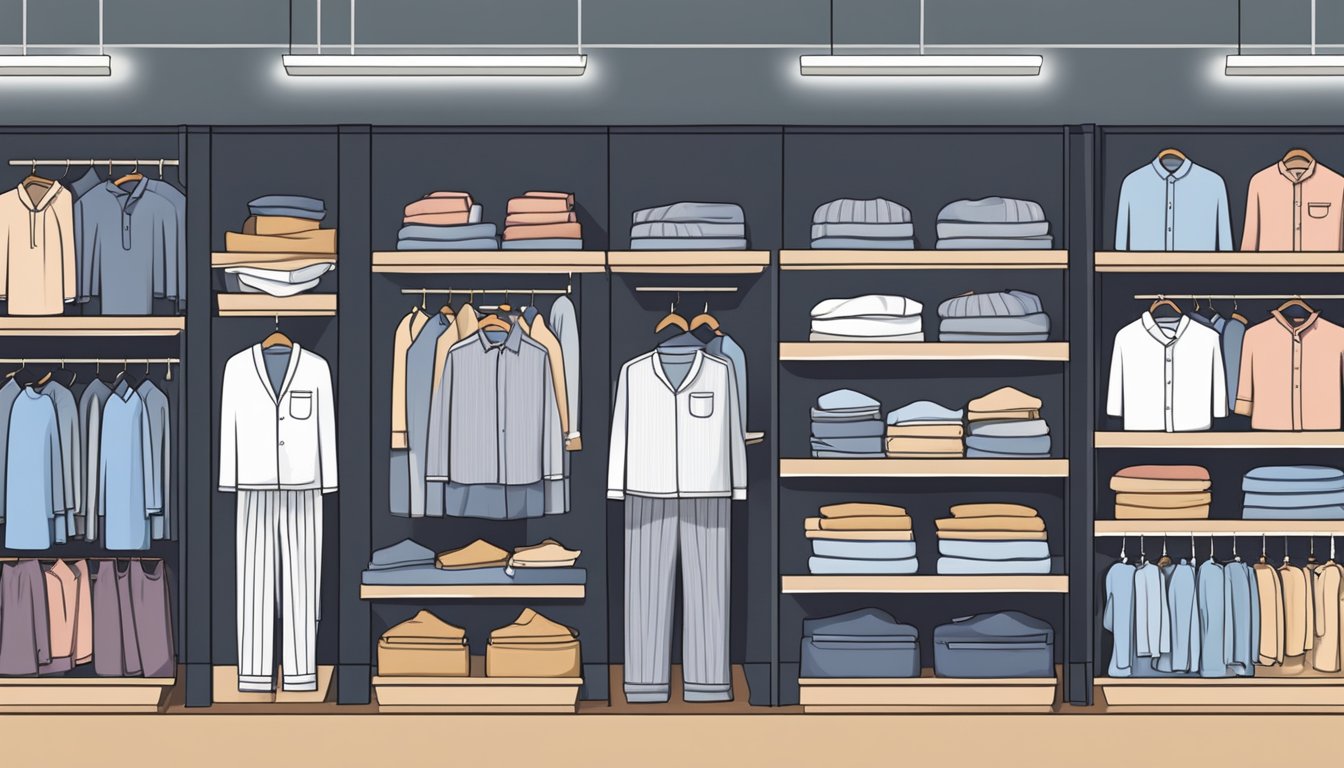 A display of men's pyjamas in a Singaporean store, with various styles and sizes neatly arranged on shelves