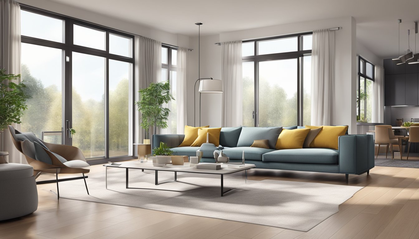 A modern living room with a sleek Miele vacuum cleaner on a polished floor, surrounded by stylish furniture and large windows letting in natural light
