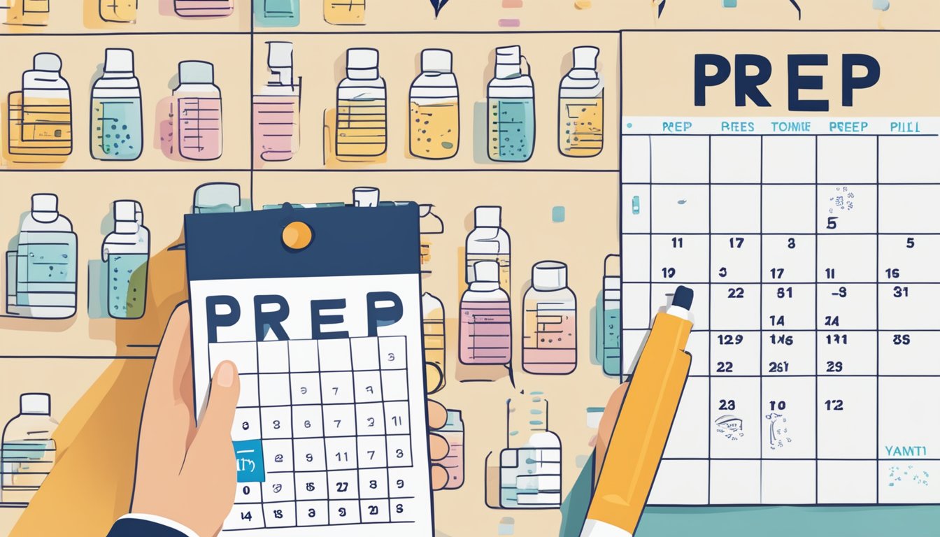 A person holding a pill bottle labeled "PrEP" next to a calendar with daily pill reminders marked off