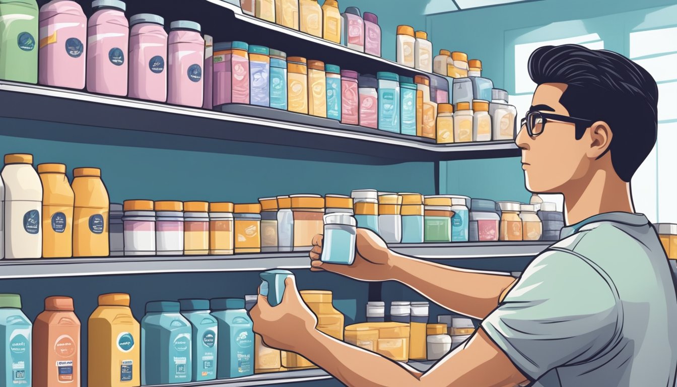 A person picks up a container of protein powder from a shelf in a store in Singapore