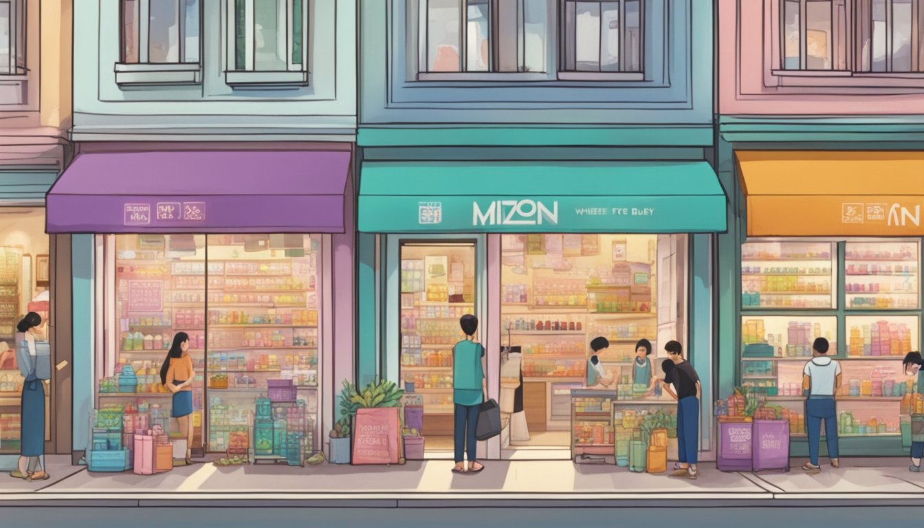A bustling street in Singapore, with colorful storefronts and a prominent sign reading "Where to Buy Mizon." Shoppers browse the skincare products displayed in the windows, while a vendor arranges items outside the shop
