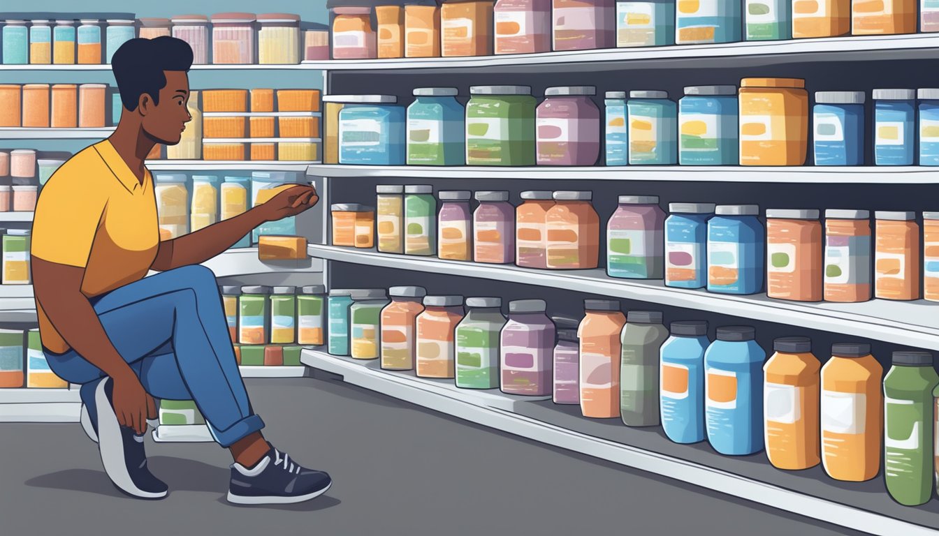 A person stands in front of shelves of various protein powder containers, examining the labels and comparing prices