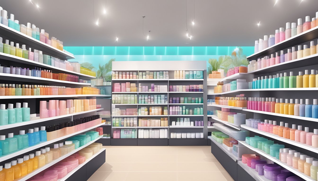 A shelf filled with colorful Mizon skin care products in a bright and modern Singaporean beauty store