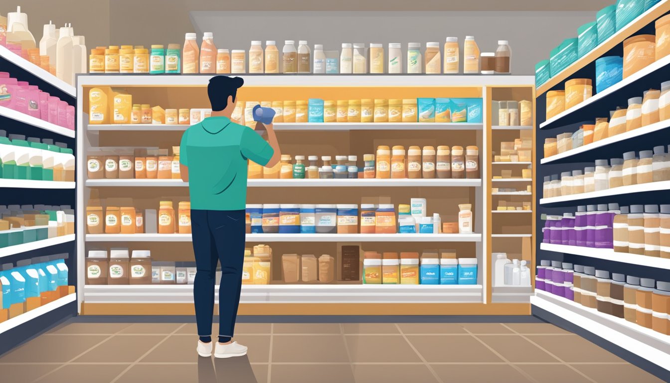 A customer browsing shelves of protein powder at a store in Singapore, with various brands and flavors on display