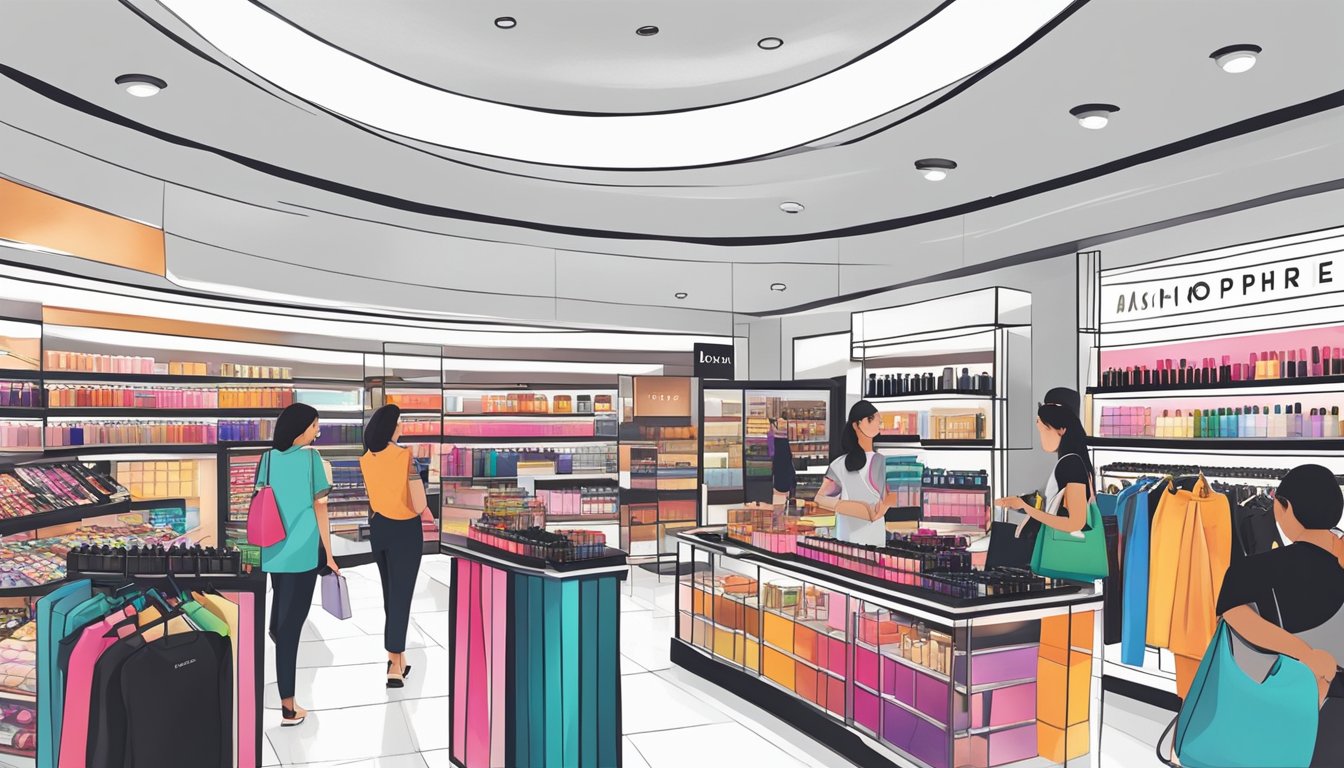 A bustling shopping mall in Singapore, with a sleek Morphe store front and vibrant displays of makeup products. Shoppers browse the aisles, admiring the latest beauty trends