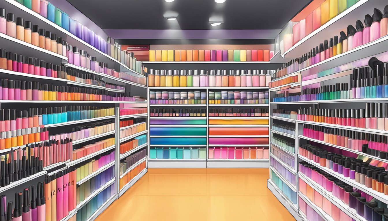 A colorful makeup display with the Morphe brand logo, surrounded by shelves of beauty products in a Singaporean store