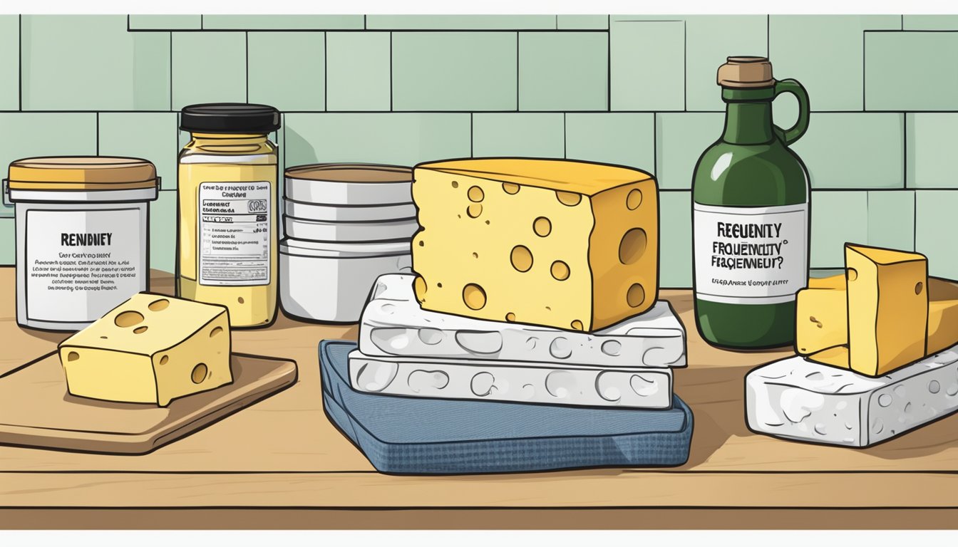 A stack of cheese-making supplies on a kitchen counter, including rennet packaging with "Frequently Asked Questions" printed on the label