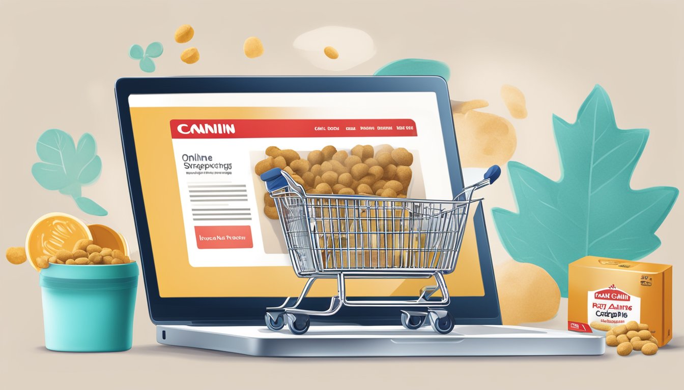 A computer screen displaying a website with the Royal Canin logo and an online shopping cart filled with pet food products