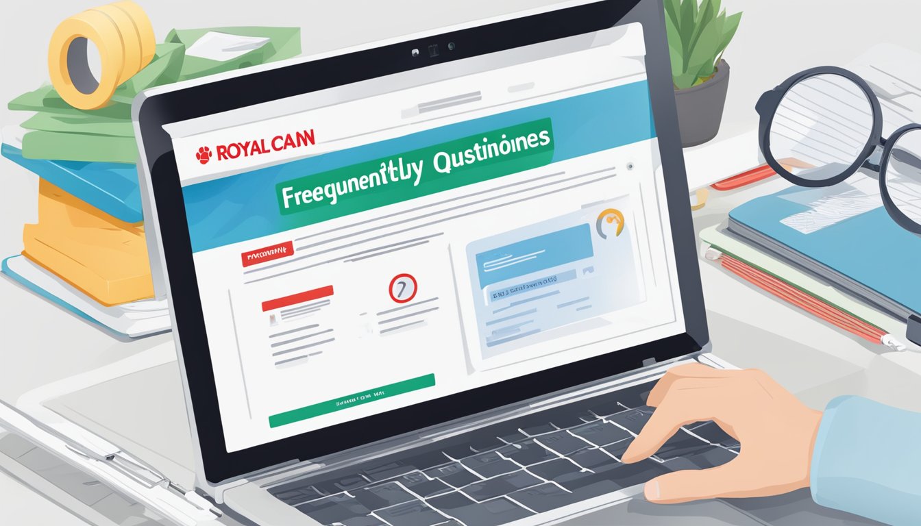 A computer screen displaying a webpage with the title "Frequently Asked Questions buy royal canin online" with a search bar and a list of questions and answers below