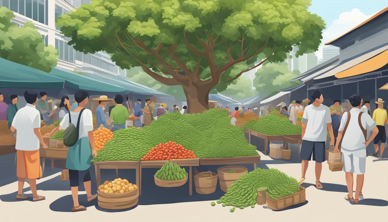 A bustling Singapore market with vendors selling mulberry trees, surrounded by curious customers