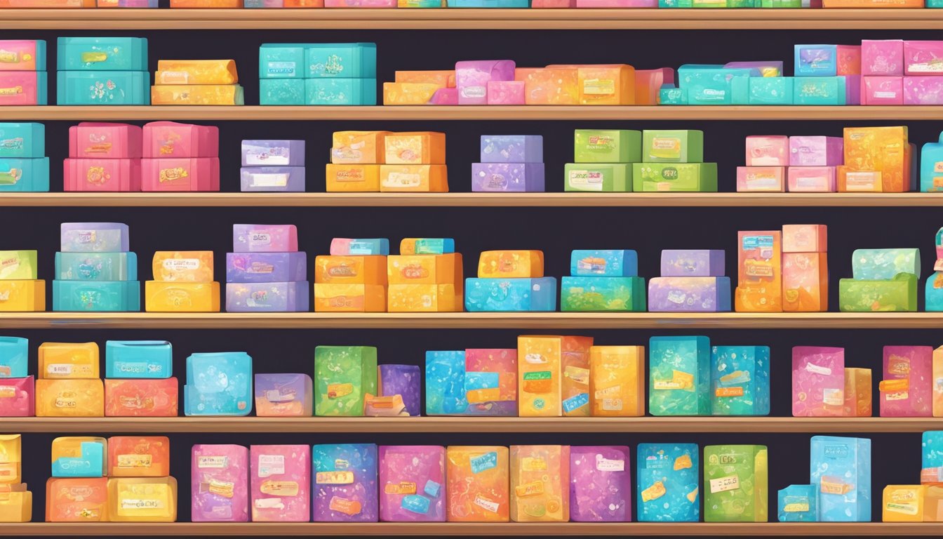 A colorful display of name stickers at a Singaporean stationery store. Shelves neatly stacked with various designs and sizes. Bright lighting and a welcoming atmosphere
