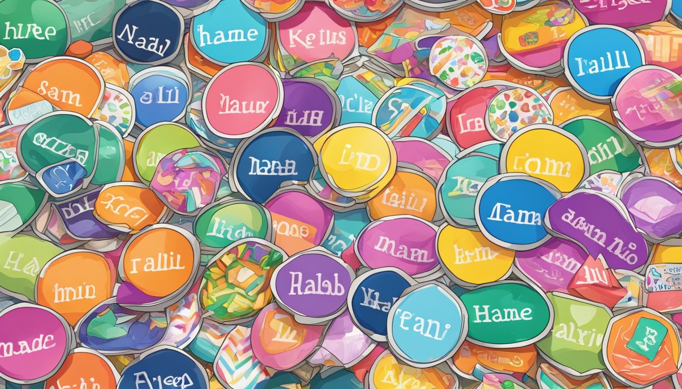 A colorful display of name stickers at a bustling market stall in Singapore, with various designs and sizes neatly arranged for customers to browse and purchase
