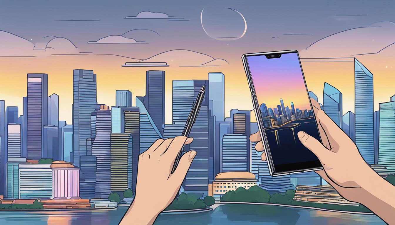 A hand holding a Samsung Note 10 Plus in front of a Singapore skyline