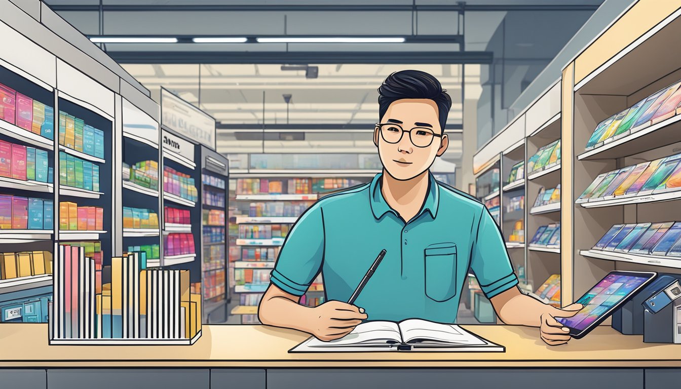 A customer comparing prices and features of Samsung Note 10 Plus in a Singapore electronics store