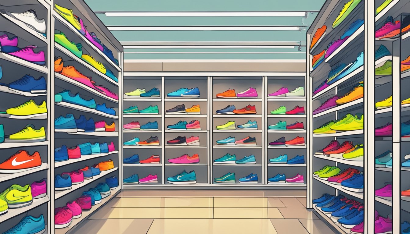 A brightly lit Nike store in Singapore displays shelves of tennis shoes in various colors and sizes. The store is bustling with customers trying on and purchasing the latest Nike tennis shoes