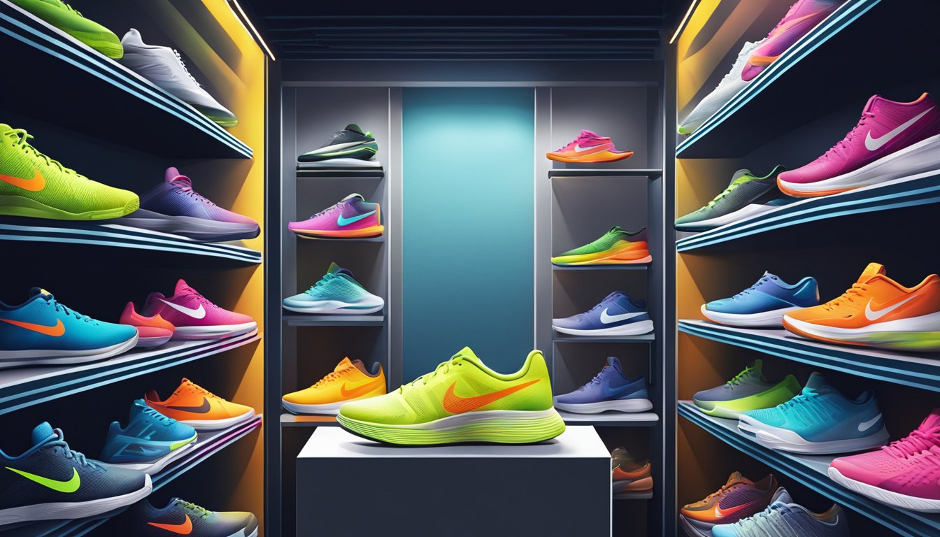 A bustling sports store in Singapore displays a variety of Nike tennis shoes on shelves and racks, with bright lighting highlighting the vibrant colors and sleek designs