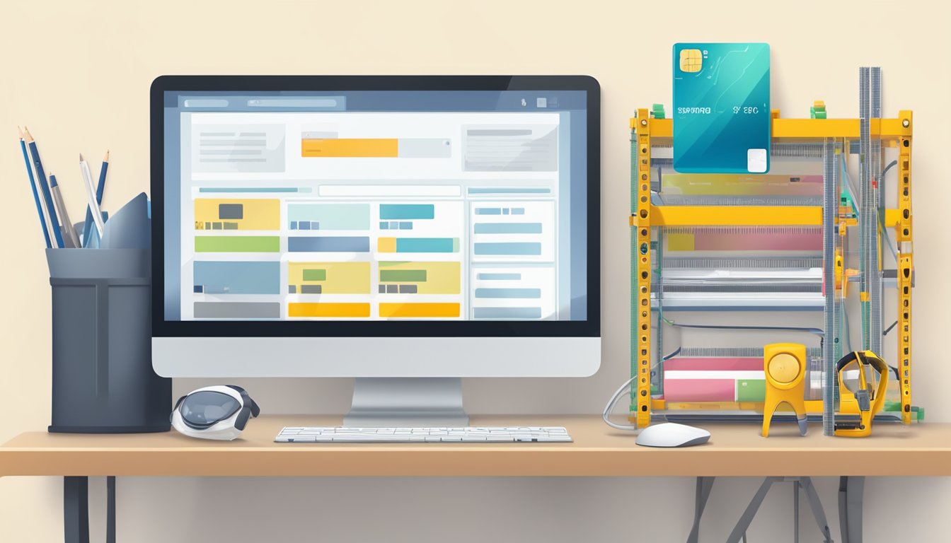 A computer screen displaying a website with a variety of scaffolding options available for purchase. A credit card and a measuring tape lay on the desk next to the computer