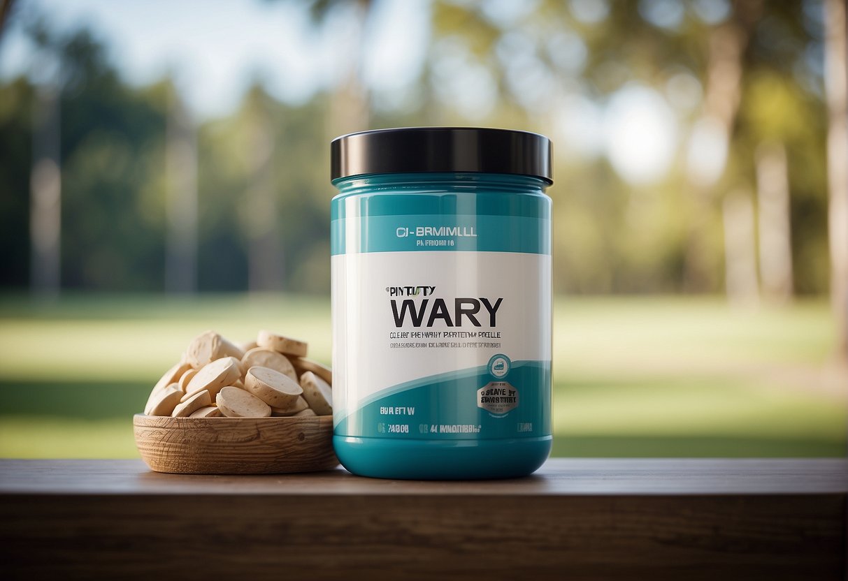 A clear whey protein product displayed with its cost in a clean, modern setting with minimalistic design elements
