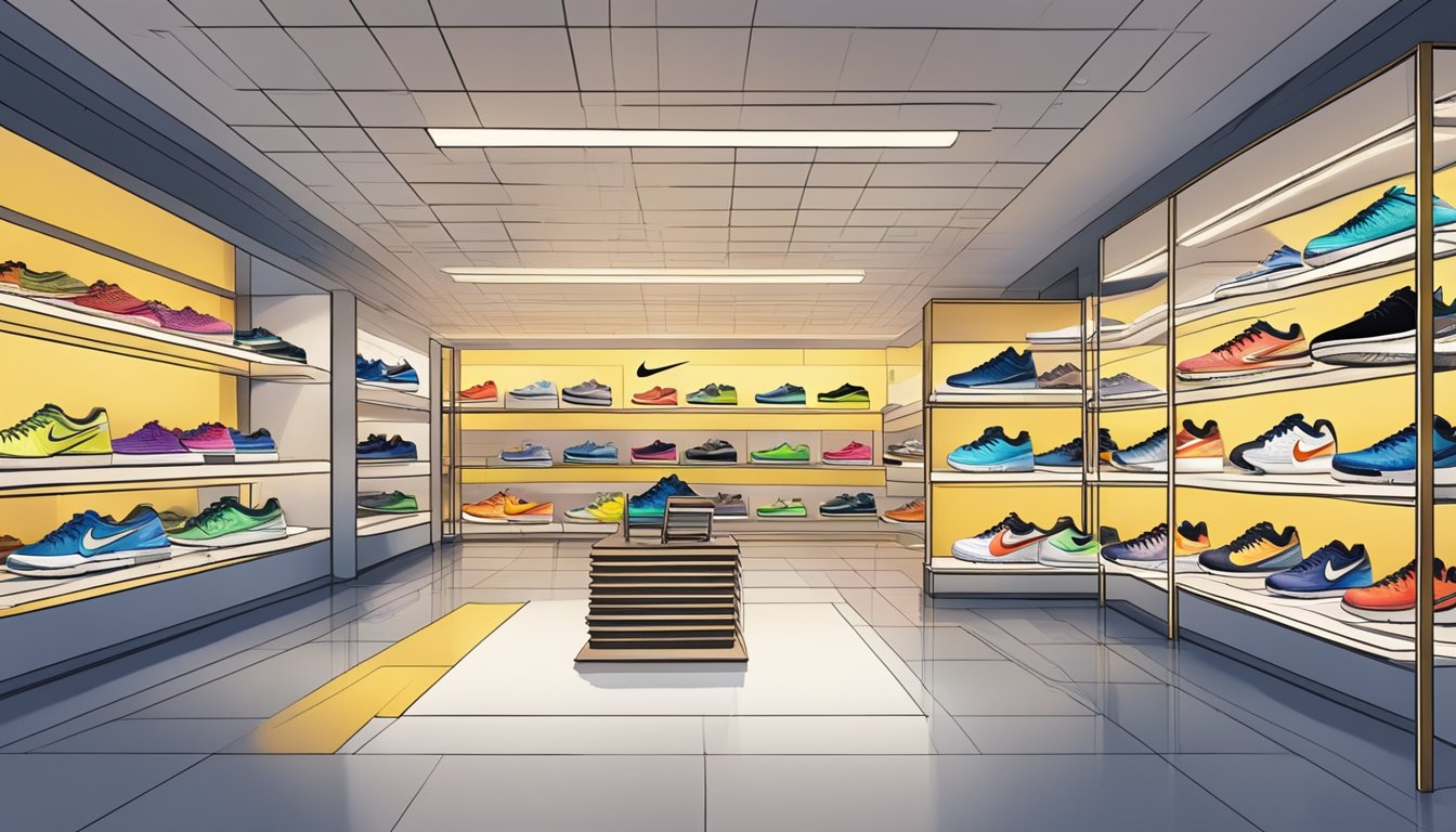 A store display of Nike tennis shoes in a bustling Singapore shopping district. Brightly lit shelves showcase the latest models, with a prominent "Frequently Asked Questions" sign
