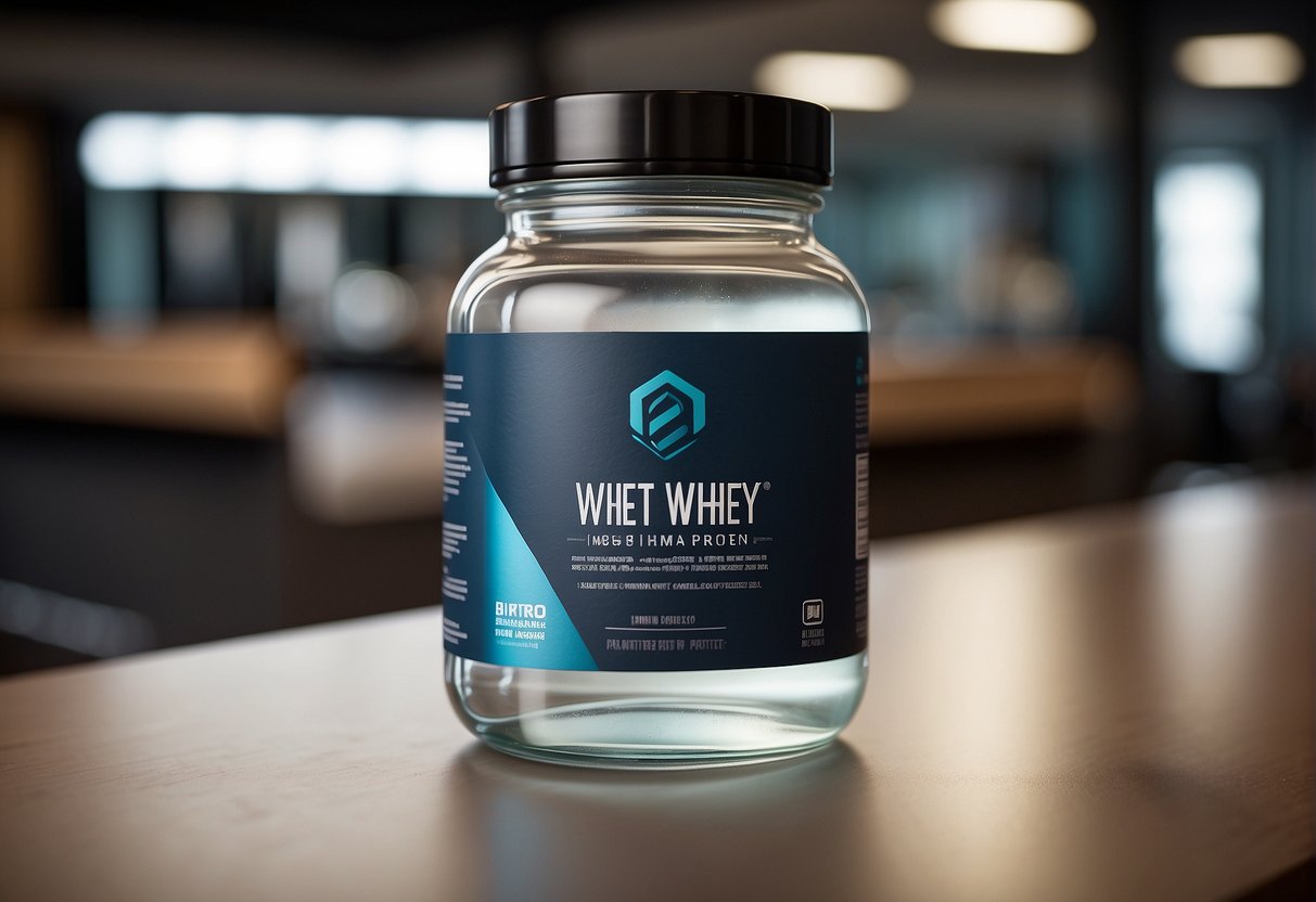 A clear whey protein bottle displayed in a modern, sleek boutique setting with prominent branding