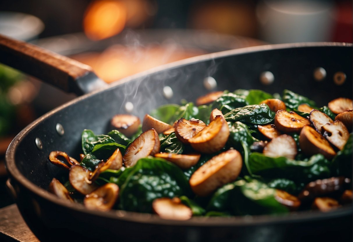 A sizzling wok stir-fries fresh spinach and savory mushrooms in a fragrant Chinese kitchen