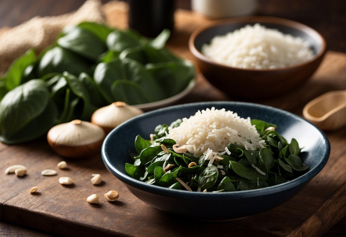 A pile of fresh spinach and mushrooms, with a bottle of soy sauce and a bag of rice, sit on a wooden kitchen counter