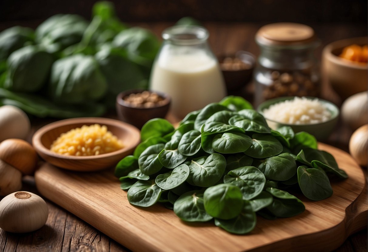 Spinach and mushrooms arranged on a cutting board with Chinese cooking utensils and ingredients in the background
