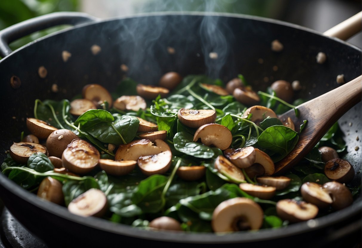 Spinach and mushrooms sizzle in a wok over high heat, as steam rises and savory aromas fill the air