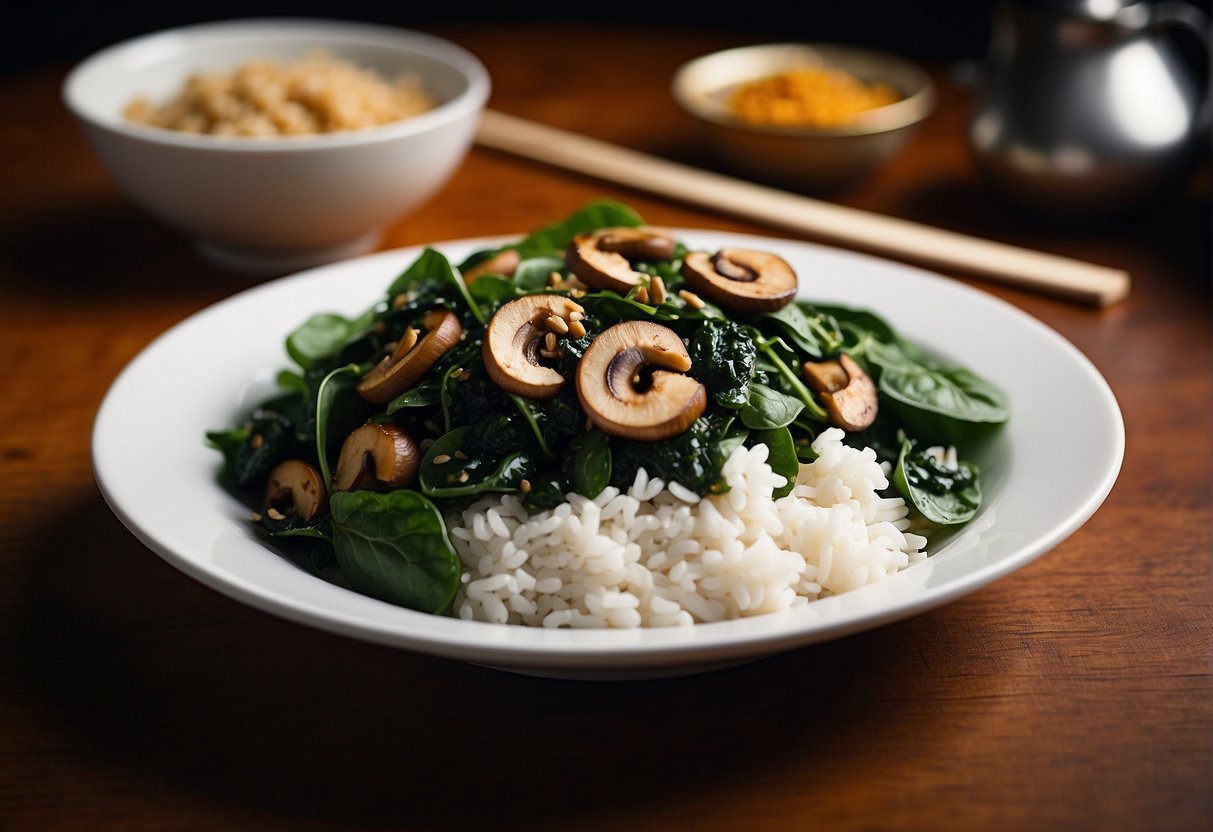 A plate of spinach and mushroom stir-fry with Chinese seasonings, accompanied by a small bowl of steamed rice