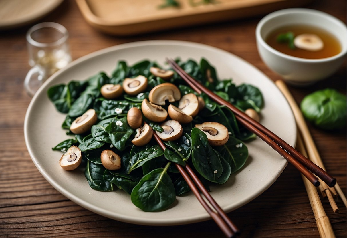 A plate of sautéed spinach and mushrooms with chopsticks and a tea set on a bamboo placemat