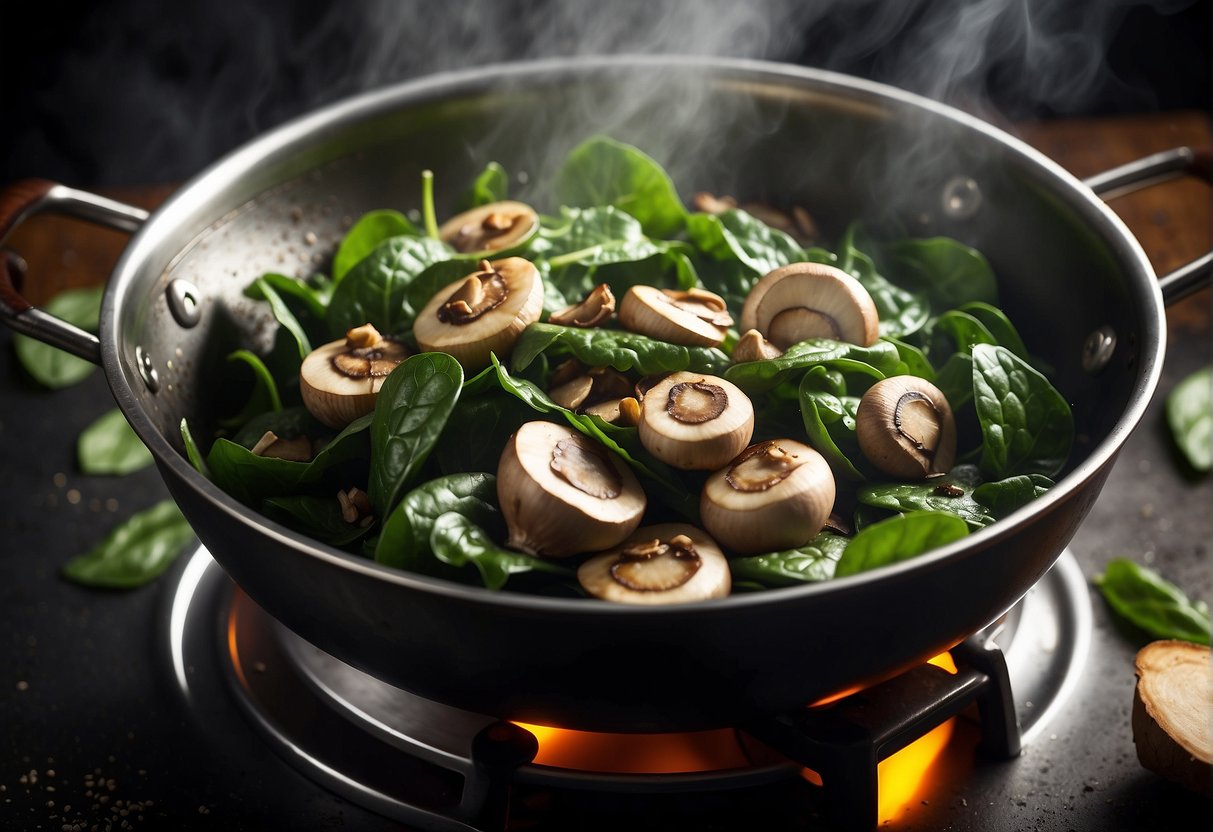 Spinach and mushrooms sizzling in a wok with aromatic Chinese spices, steam rising from the pan