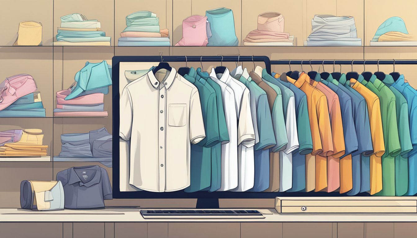 A computer screen displaying a variety of stylish shirts with price tags and "Add to Cart" buttons. A mouse cursor hovers over a button
