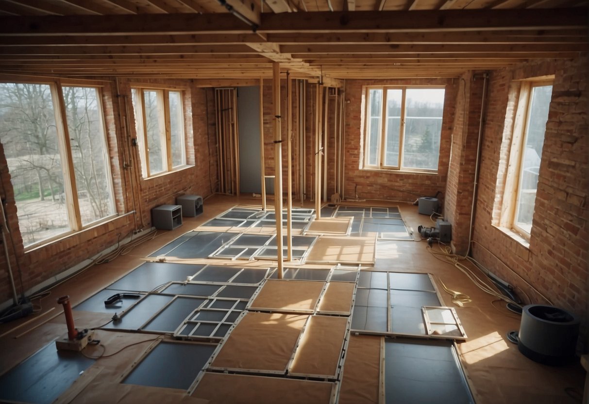 A top-down view of a room with various types of underfloor heating systems being installed