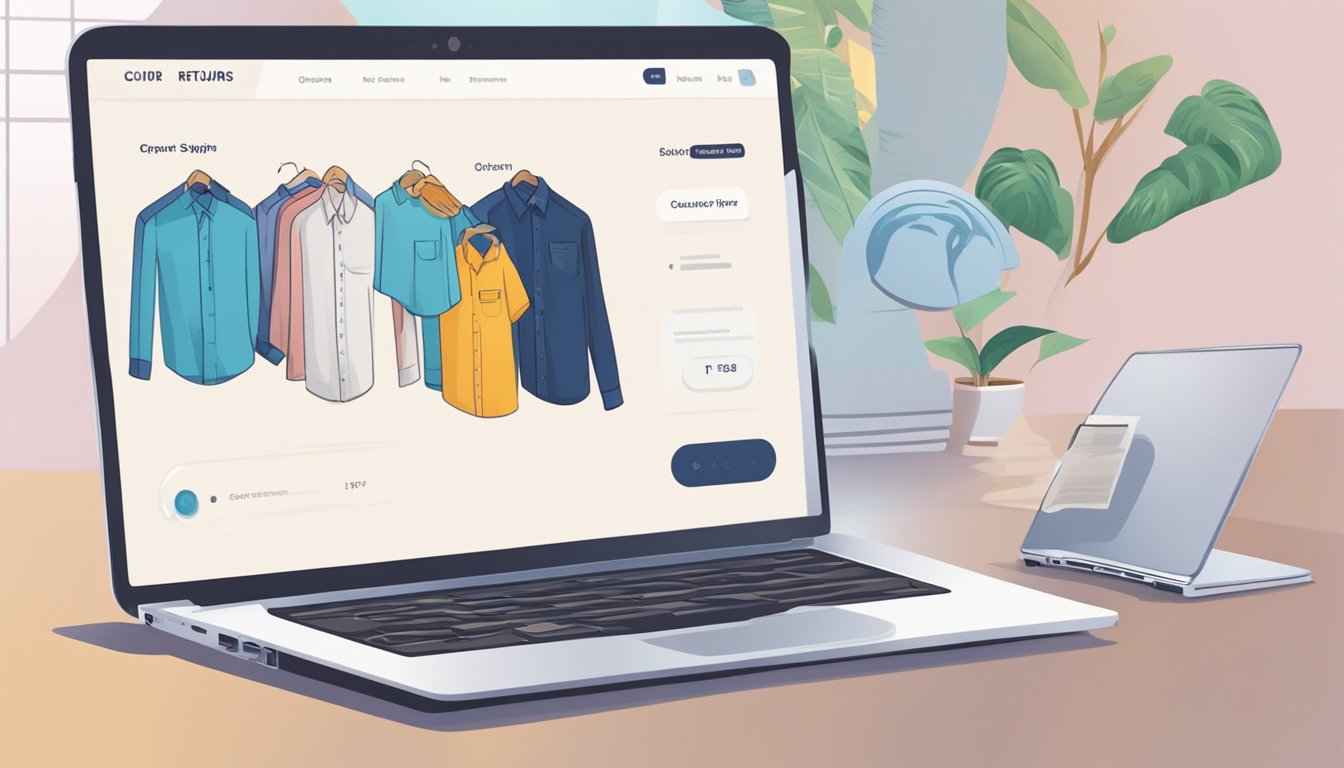 Customers browse shirts online, clicking through options. FAQ page open on a laptop, with questions about sizing, shipping, and returns