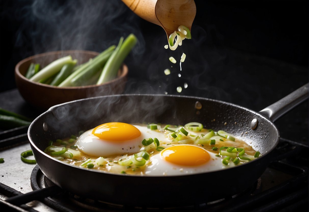 A cracked egg pours into a sizzling pan with chopped spring onions. A spatula stirs the mixture as it cooks