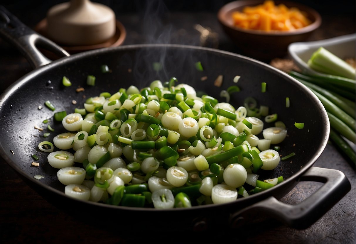 Chopped spring onions sizzling in a wok with soy sauce and garlic