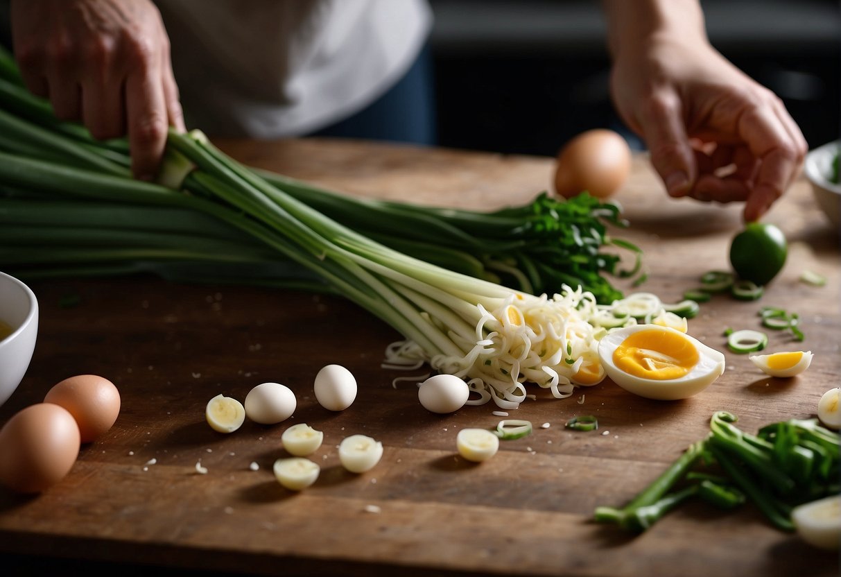 A spring onion is being chopped, eggs are being cracked, and various Chinese ingredients are laid out on a kitchen counter
