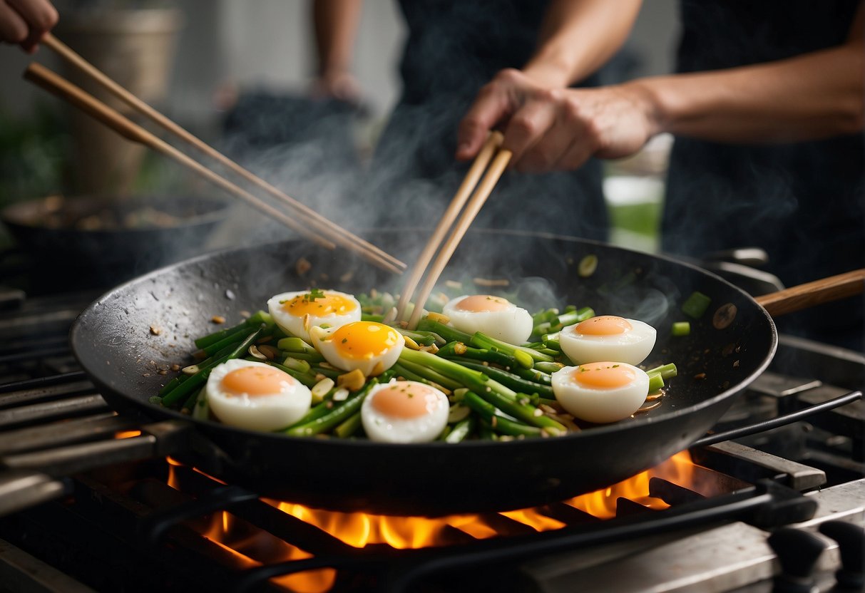Spring onions and eggs sizzling in a hot wok, with a chef using chopsticks to stir-fry the ingredients in a traditional Chinese cooking technique