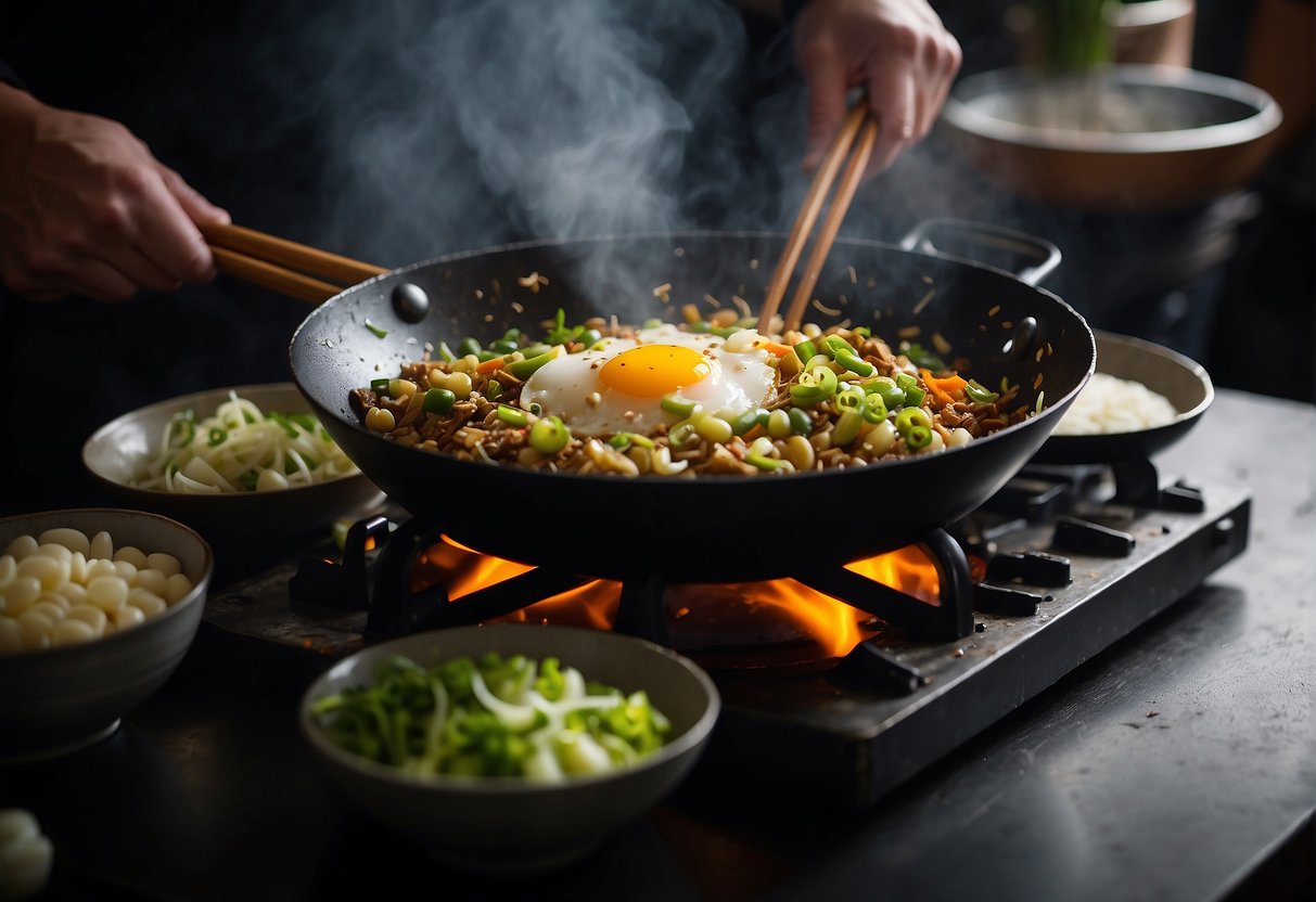 A wok sizzles with chopped spring onions and beaten eggs, as a chef stirs in soy sauce and sesame oil