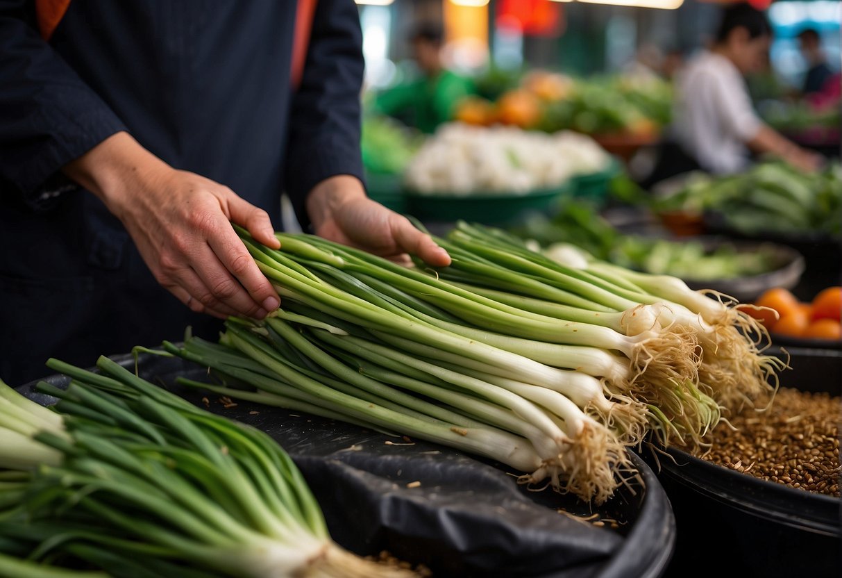 A hand reaches for fresh spring onions in a bustling Chinese market. Bright green stalks are carefully selected for a traditional recipe