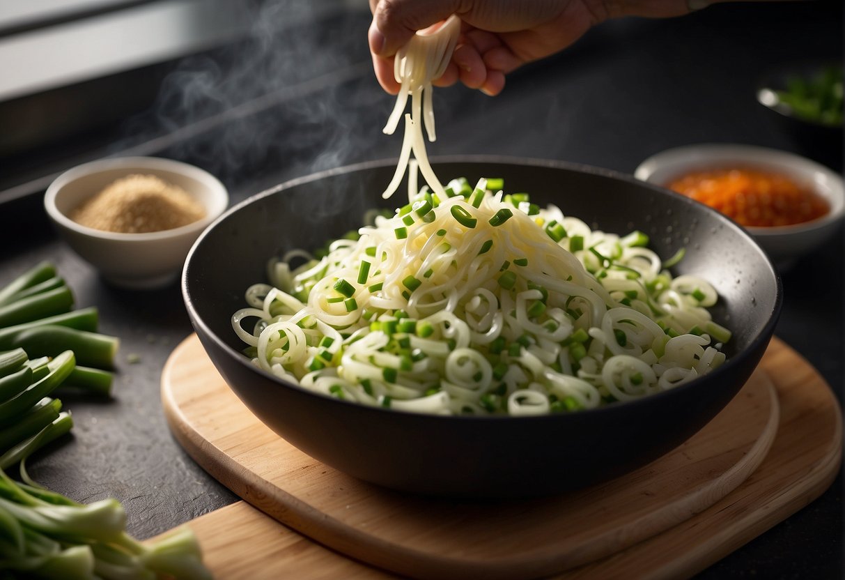 Spring onions being finely chopped, mixed with soy sauce and sesame oil in a bowl. A wok heating up with oil on a stove. Ingredients laid out on a chopping board