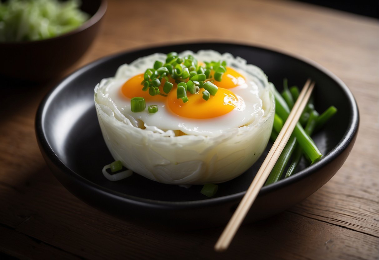A plate of Chinese spring onion egg dish, garnished with fresh green onions, placed on a wooden table with chopsticks beside it