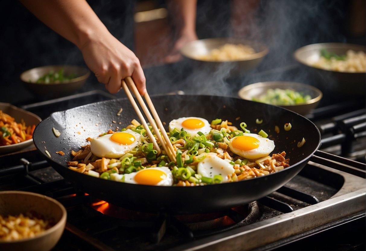 A sizzling wok with chopped spring onions and eggs being stir-fried, with Chinese spices and sauces nearby