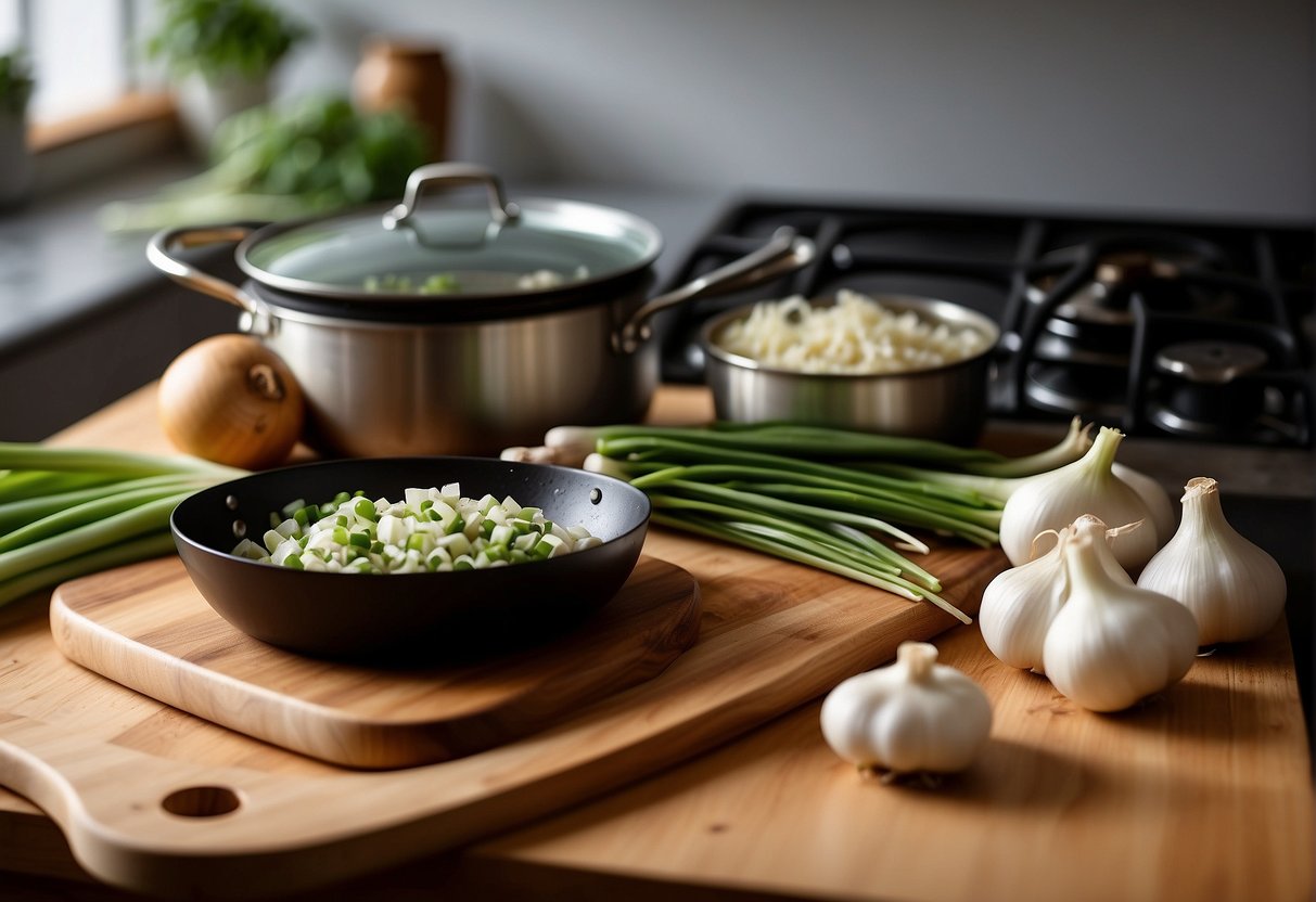 A cutting board with fresh spring onions, garlic, and ginger, surrounded by various cooking utensils and a wok on a stovetop