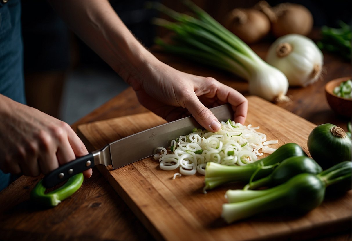 A hand holding a knife slicing fresh spring onions on a cutting board, with a bowl of chopped onions and a container for storage nearby